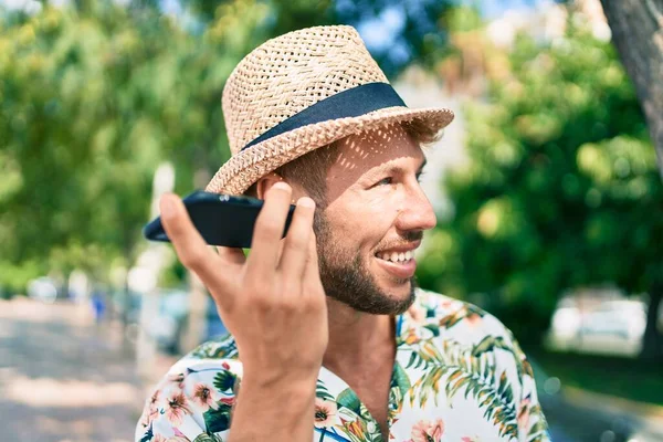 Caucasian Handsome Man Smiling Happy Outdoors Listening Voice Message Phone — Stock Photo, Image