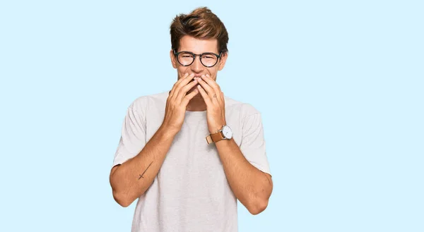 Handsome Caucasian Man Wearing Casual Clothes Glasses Laughing Embarrassed Giggle — Stock Photo, Image