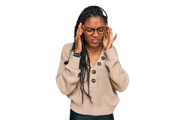 African American Woman Wearing Casual Clothes Hand Head Headache Because — Stock Photo, Image