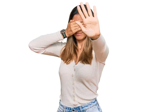 Young Woman Wearing Casual Clothes Covering Eyes Hands Doing Stop — Stock Photo, Image