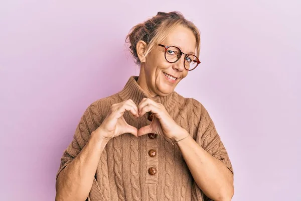 Middle Age Blonde Woman Wearing Glasses Pink Background Smiling Love — Stock Photo, Image