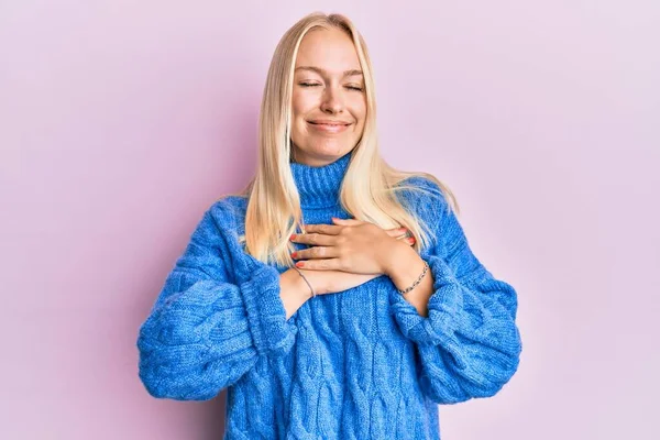 Young Blonde Girl Wearing Wool Winter Sweater Smiling Hands Chest — Stock Photo, Image