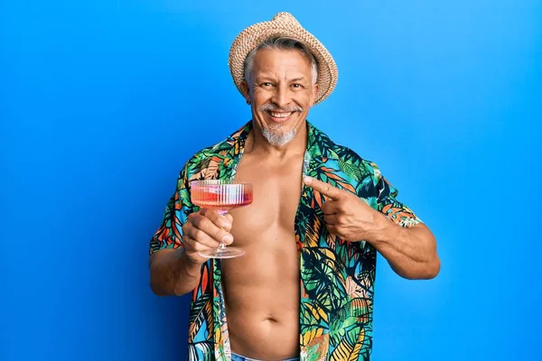 Μεσήλικας Γκριζομάλλης Άντρας Που Φοράει Καλοκαιρινό Κοκτέιλ Πίνοντας Χαμογελώντας Χαρούμενος — Φωτογραφία Αρχείου