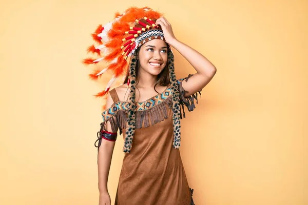 Young Beautiful Latin Girl Wearing Indian Costume Smiling Confident Touching — Stock Photo, Image