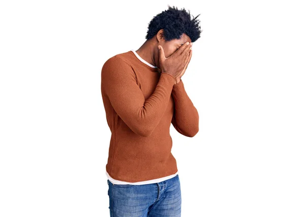 Handsome African American Man Afro Hair Wearing Casual Clothes Sad — Stock Photo, Image