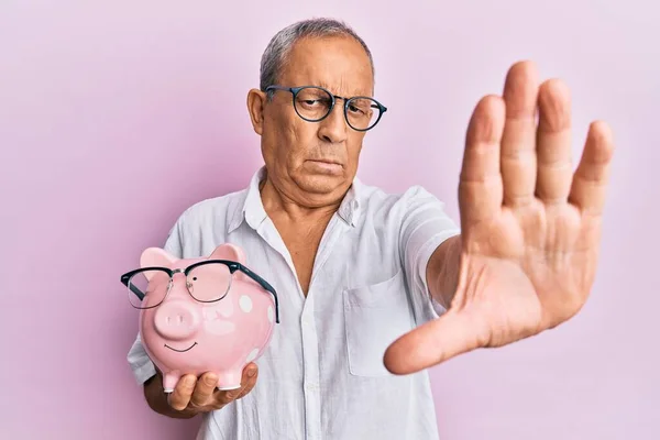 Handsome Mature Senior Man Holding Piggy Bank Glasses Open Hand —  Fotos de Stock