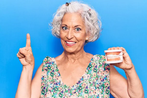 Senior Grauhaarige Frau Mit Prothese Lächelnd Mit Einer Idee Oder — Stockfoto