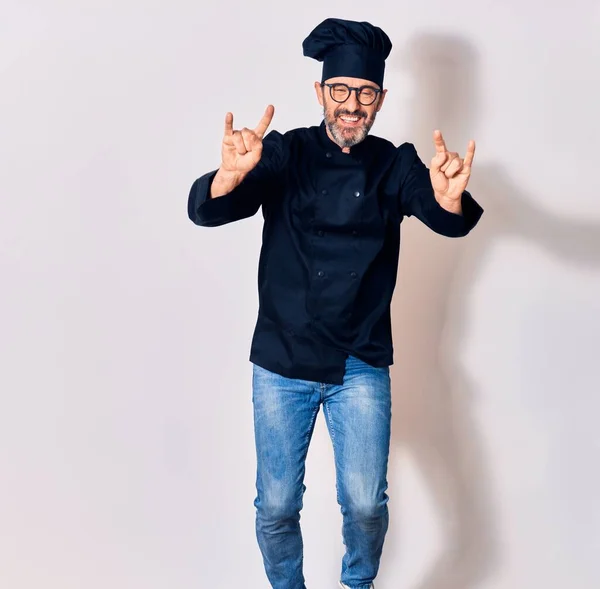 Middle Age Handsome Hispanic Man Wearing Glasses Cook Uniform Smiling — Stock Photo, Image