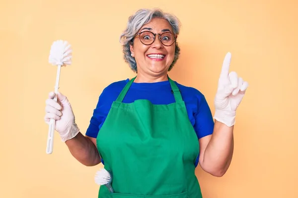 Senior Hispânico Mulher Vestindo Avental Segurando Escova Surpreso Com Uma — Fotografia de Stock