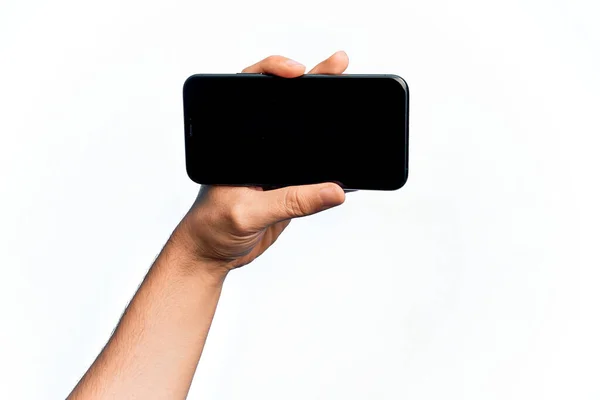 Beyaz Arka Plan Üzerinde Ekranı Gösteren Akıllı Telefonu Tutan Beyaz — Stok fotoğraf