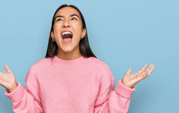 Young Asian Woman Wearing Casual Winter Sweater Crazy Mad Shouting — Stock Photo, Image