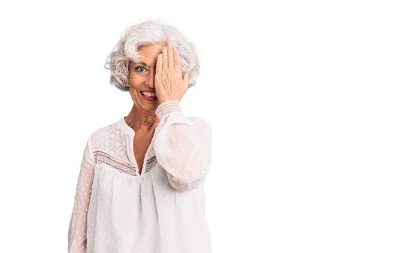 Senior Grey Haired Woman Wearing Casual Clothes Covering One Eye — Stock Photo, Image