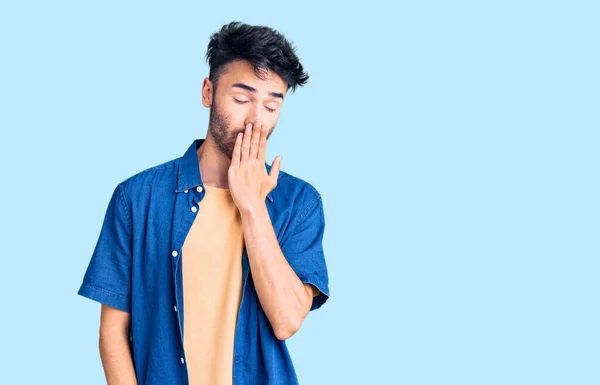 Young Hispanic Man Wearing Casual Clothes Bored Yawning Tired Covering — Stock Photo, Image