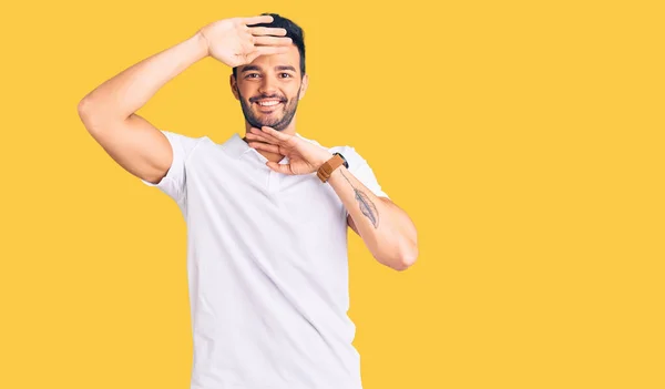 Young Handsome Hispanic Man Wearing Casual Clothes Smiling Cheerful Playing — Stock Photo, Image