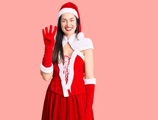 Joven Hermosa Mujer Caucásica Con Traje Santa Claus Mostrando Señalando —  Fotos de Stock