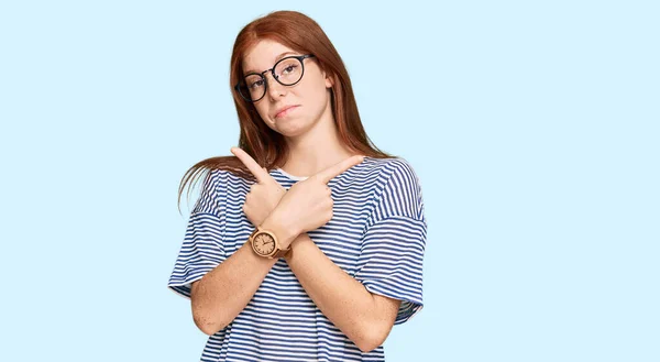 Young Read Head Woman Wearing Casual Clothes Glasses Pointing Both — Foto de Stock