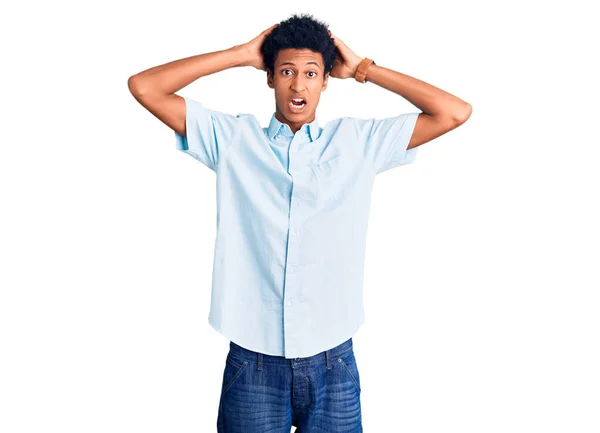 Young African American Man Wearing Casual Clothes Crazy Scared Hands — Stock Photo, Image