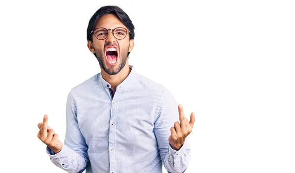 Handsome Hispanic Man Wearing Business Shirt Glasses Showing Middle Finger — Foto Stock