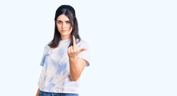 Young Beautiful Girl Wearing Casual Shirt Showing Middle Finger Impolite — Stockfoto