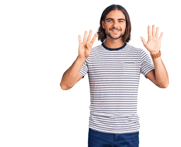 Jovem Homem Bonito Vestindo Roupas Casuais Mostrando Apontando Para Cima — Fotografia de Stock