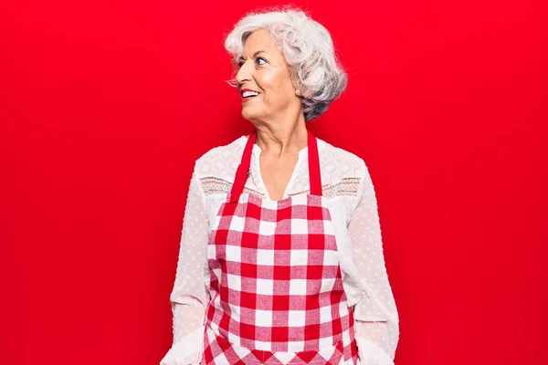 Önlük Giyen Yaşlı Gri Saçlı Bir Kadın Rahat Bir Görünüm — Stok fotoğraf