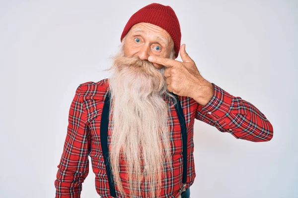 Vieil Homme Âgé Aux Cheveux Gris Longue Barbe Look Hipster — Photo