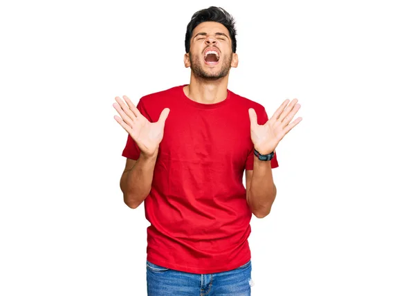 Joven Hombre Guapo Con Camiseta Roja Casual Celebrando Loco Loco —  Fotos de Stock