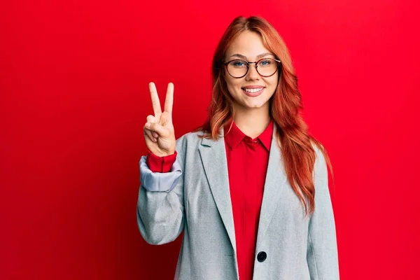 Young Redhead Woman Wearing Business Jacket Glasses Smiling Happy Face — Stock Photo, Image