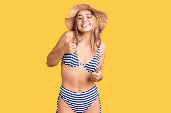 Young Beautiful Blonde Woman Wearing Bikini Hat Success Sign Doing — Stock Photo, Image