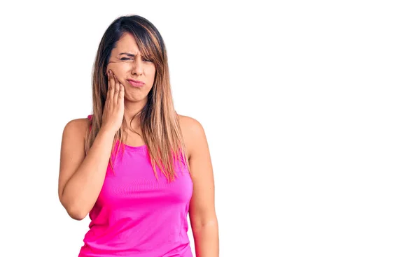 Jonge Mooie Vrouw Dragen Sportkleding Aanraken Mond Met Hand Met — Stockfoto