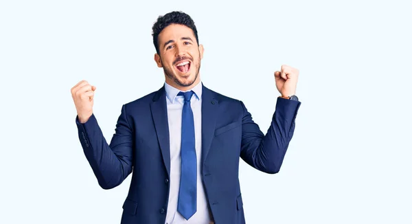 Young Hispanic Man Wearing Business Clothes Screaming Proud Celebrating Victory — Stock Photo, Image