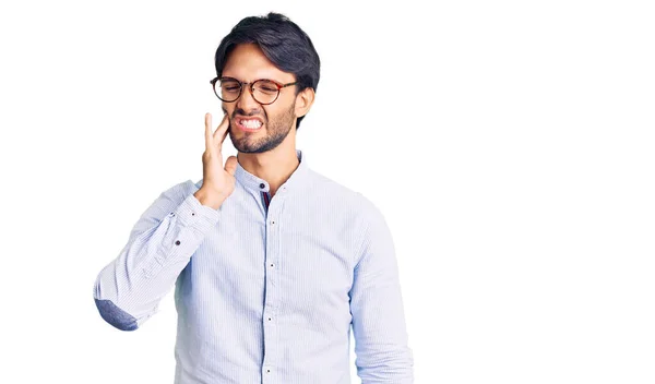 Handsome Hispanic Man Wearing Business Shirt Glasses Touching Mouth Hand — Stock Photo, Image