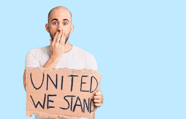 Young Handsome Man Holding United Stand Banner Covering Mouth Hand — Stock Photo, Image