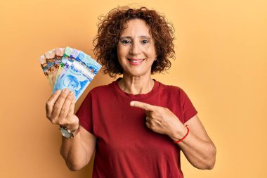 Güzel orta yaşlı olgun bir kadın elinde Kanada doları tutarken mutlu mesut elini ve parmağını göstererek gülümsüyor. 