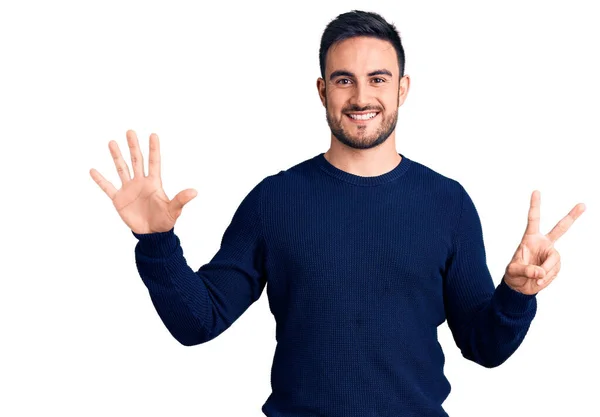 Young Handsome Man Wearing Casual Clothes Showing Pointing Fingers Number — Stock Photo, Image