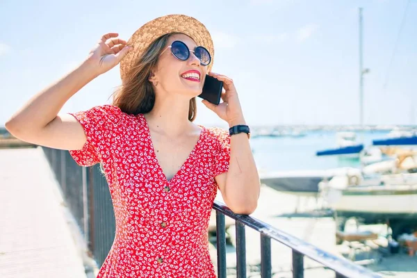 Young Blonde Woman Vacation Smiling Happy Talking Smartphone Street City — Stock Photo, Image