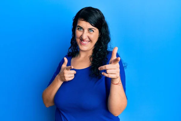 Size Brunette Woman Wearing Casual Blue Shirt Pointing Fingers Camera — Stock Photo, Image