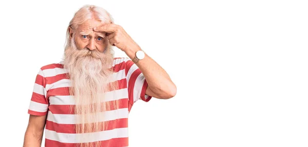 Old Senior Man Grey Hair Long Beard Wearing Striped Tshirt — Stock Photo, Image