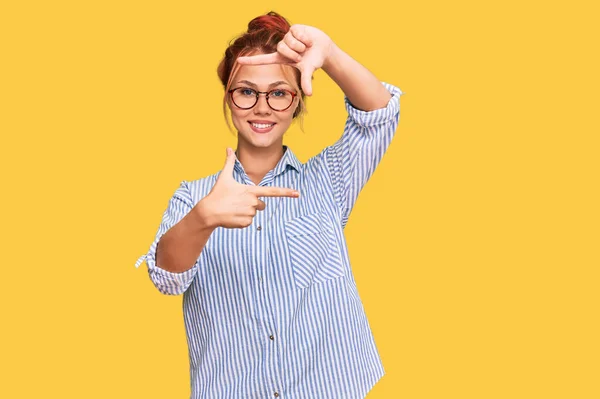 Young Redhead Woman Wearing Casual Clothes Glasses Smiling Making Frame — Stock Photo, Image