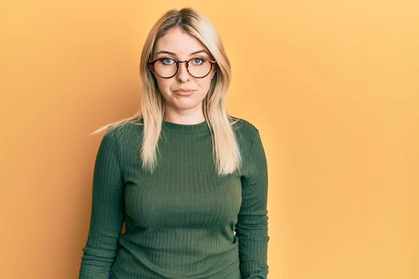 Young Caucasian Woman Wearing Casual Clothes Glasses Depressed Worry Distress — Stock Photo, Image