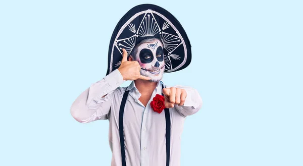 Man Wearing Day Dead Costume Background Smiling Doing Talking Telephone — Stock fotografie