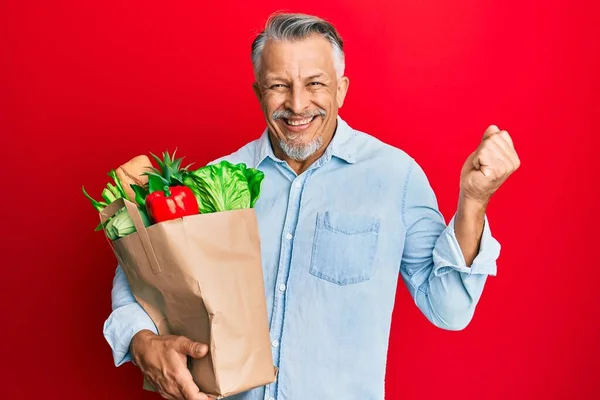 Hombre Pelo Gris Mediana Edad Sosteniendo Bolsa Papel Con Pan —  Fotos de Stock