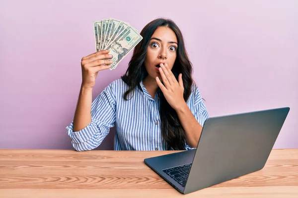 Beautiful Brunette Young Woman Working Office Holding Dollars Covering Mouth — Stock Photo, Image