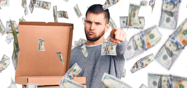 Young Handsome Man Holding Delivery Italian Pizza Boxes Pointing Finger — Stock Photo, Image