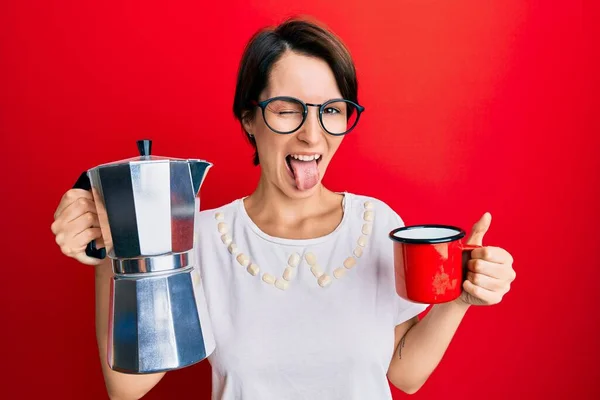 Young Brunette Woman Short Hair Drinking Italian Coffee Sticking Tongue — Stock Photo, Image