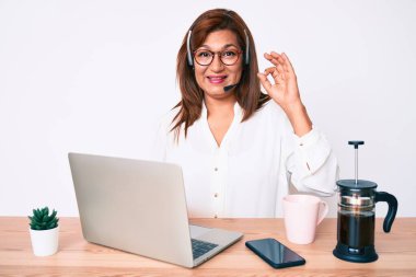 Orta yaşlı esmer, ofiste çalışan, operatör kulaklığı takan, parmaklarıyla imza atan, güler yüzlü, dost canlısı, mükemmel bir sembol olan İspanyol kadın. 