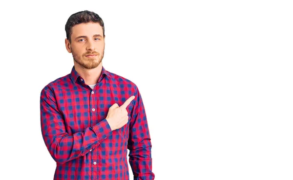 Handsome Young Man Bear Wearing Casual Shirt Pointing Hand Finger — Stock fotografie