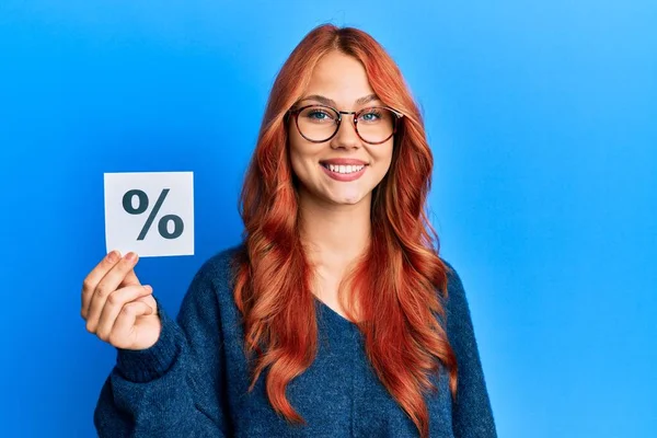 Young Beautiful Redhead Woman Holding Percentage Symbol Looking Positive Happy — Stock Photo, Image