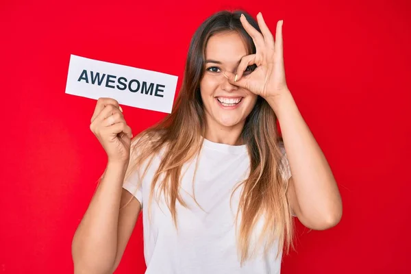 Beautiful Caucasian Woman Holding Awesome Banner Smiling Happy Doing Sign — Stock Photo, Image