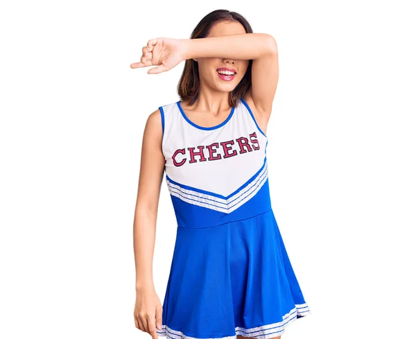 Young Beautiful Chinese Girl Wearing Cheerleader Uniform Covering Eyes Arm — Stock Photo, Image